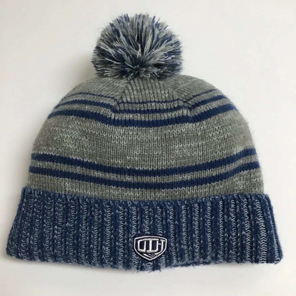Toronto Maple Leafs NHL Hockey Gray Blue Knit Pom Beanie Skater Hat Fleece Lined